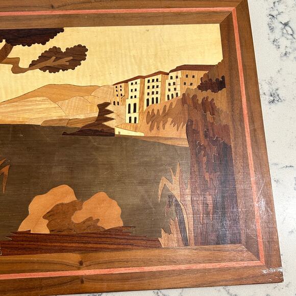 Wood Inlay Marquetry Panel European Coastal Scene Italy 16" x 12" Handcraafted - Picture 8 of 9
